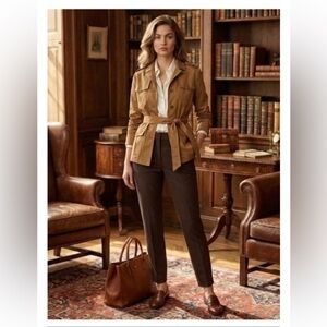 Theory Tan Belted Utility Safari Jacket Cotton Stretch Made in USA Size L